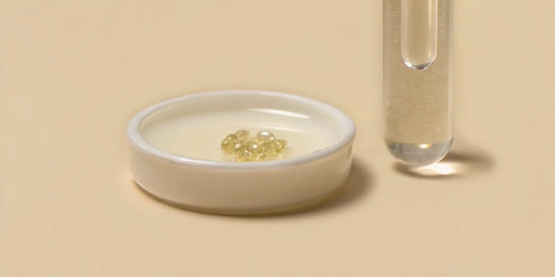 Postbiotic capsules in a white dish, a supplement for stress relief.
