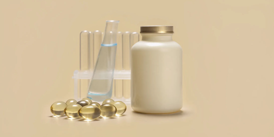 Supplements for mental clarity and energy with capsules, a bottle, and scientific test tubes.