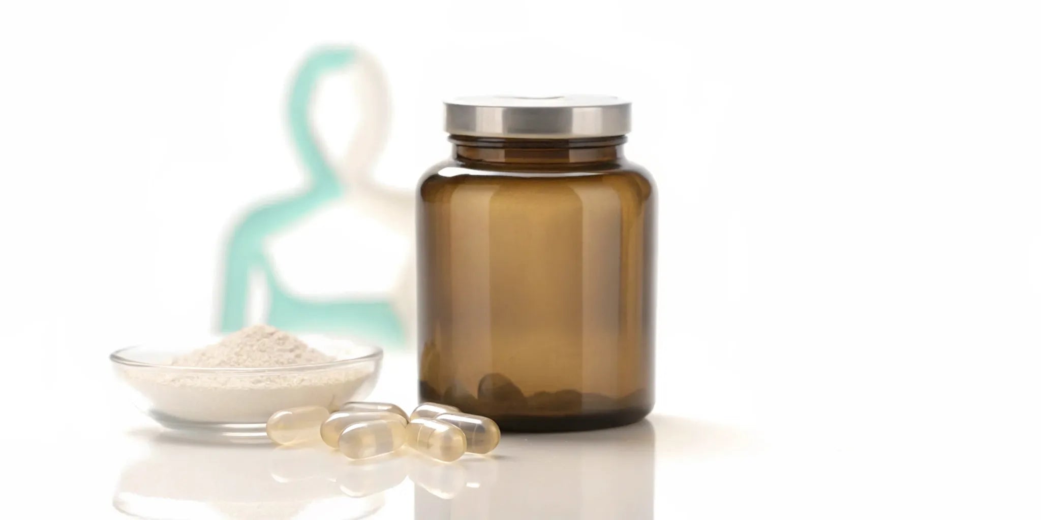 Postbiotic gut health supplements in a bottle with capsules and powder.