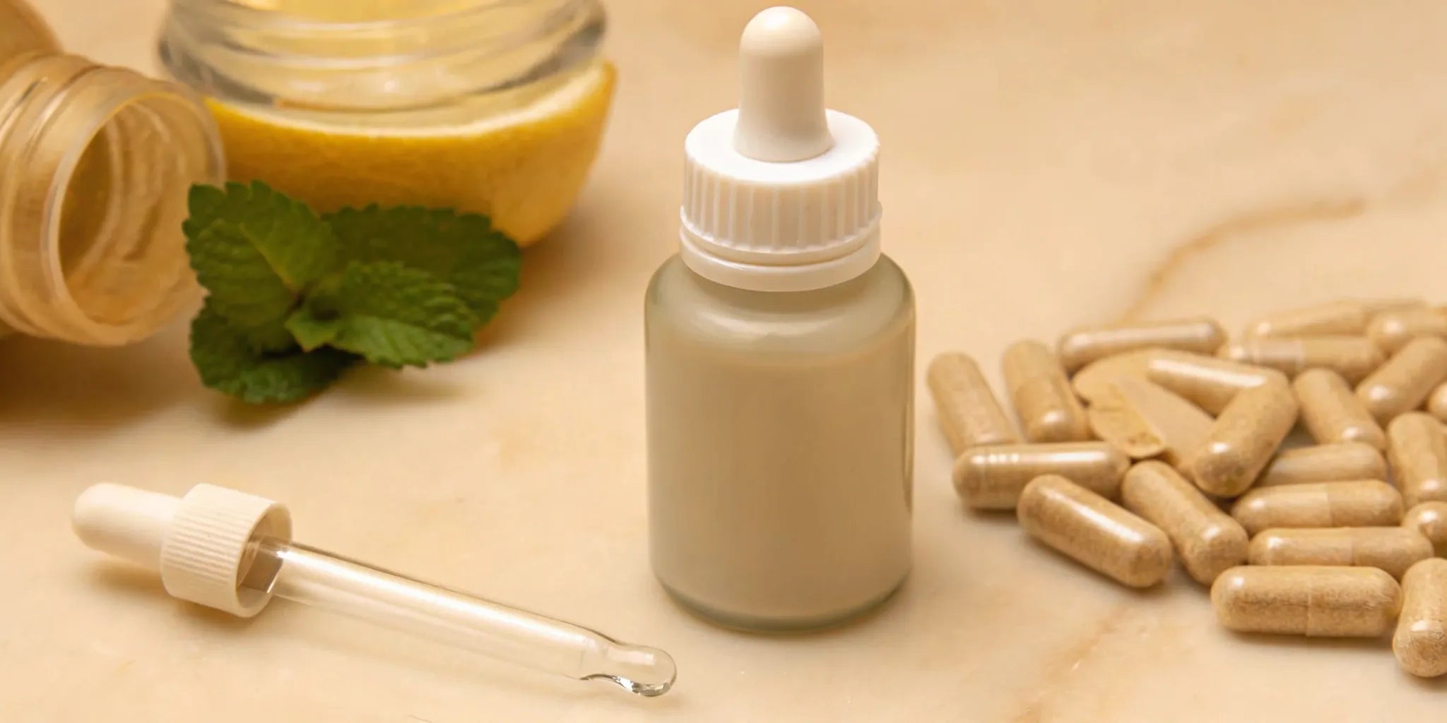 Vegan mood balance supplement in a dropper bottle and capsules with fresh lemon and mint.