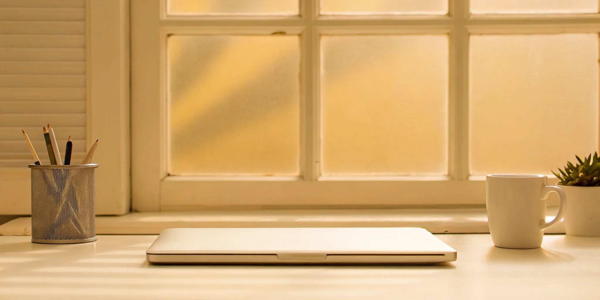 A calm desk with coffee, a setting for finding mood balance to overcome fatigue.