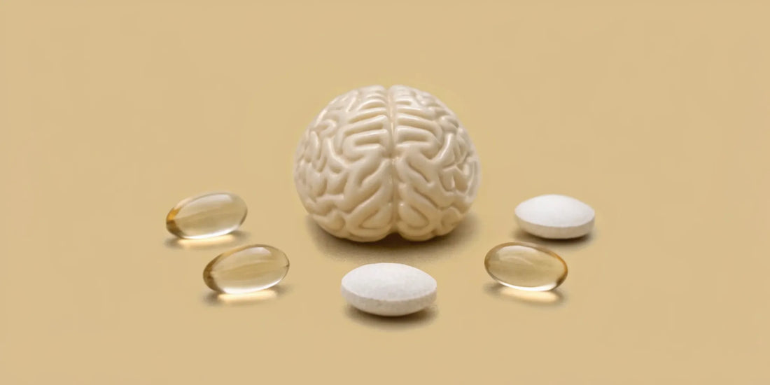 A brain model surrounded by the top 10 brain supplements for memory and focus.