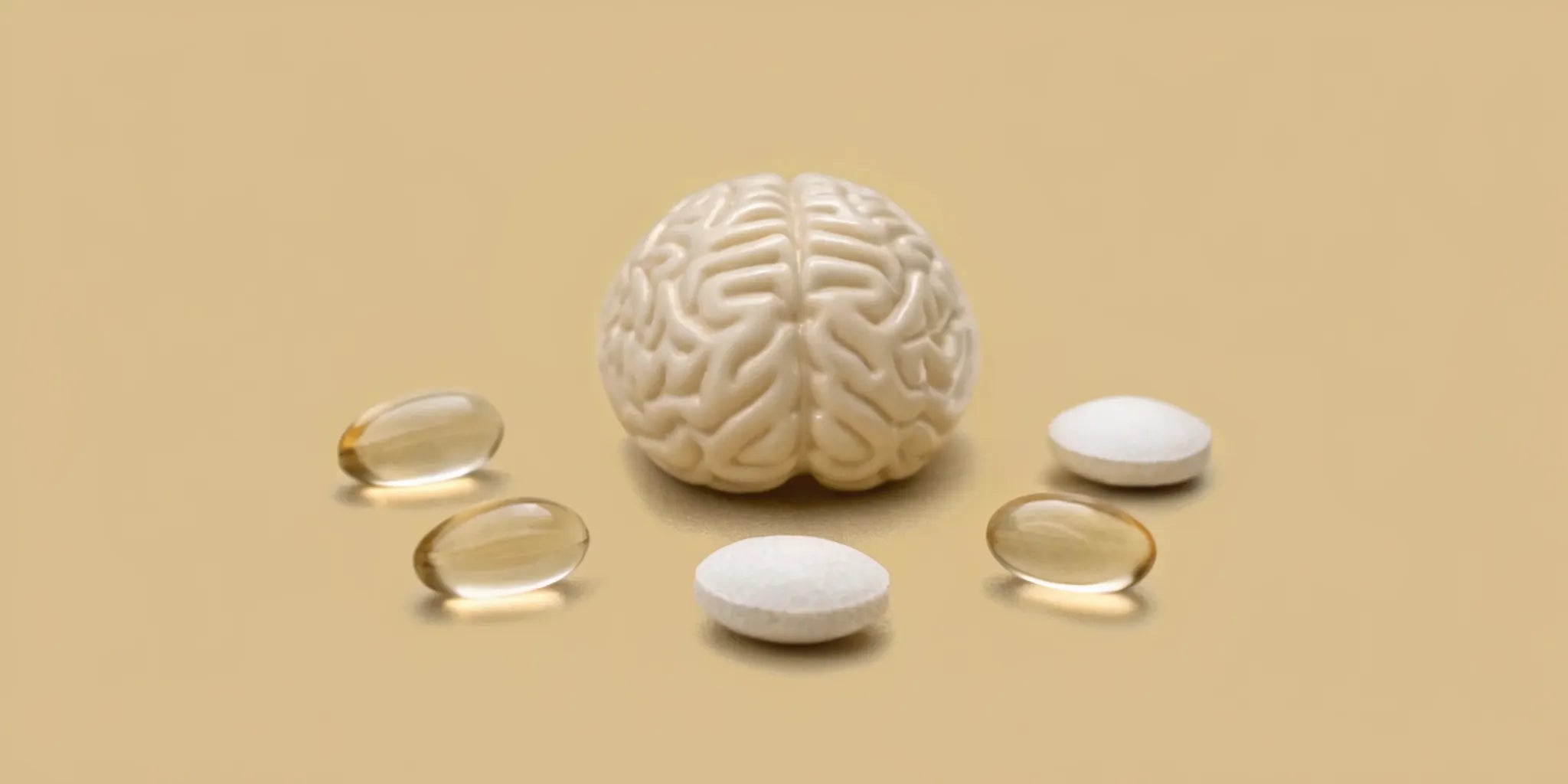 A brain model surrounded by the top 10 brain supplements for memory and focus.