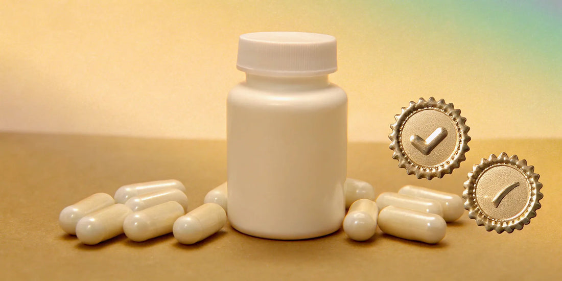A supplement bottle with certification badges for a reliable probiotic or postbiotic supplement.