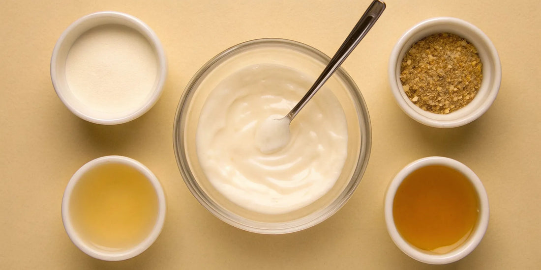 A bowl of yogurt surrounded by foods that create postbiotics for gut health.