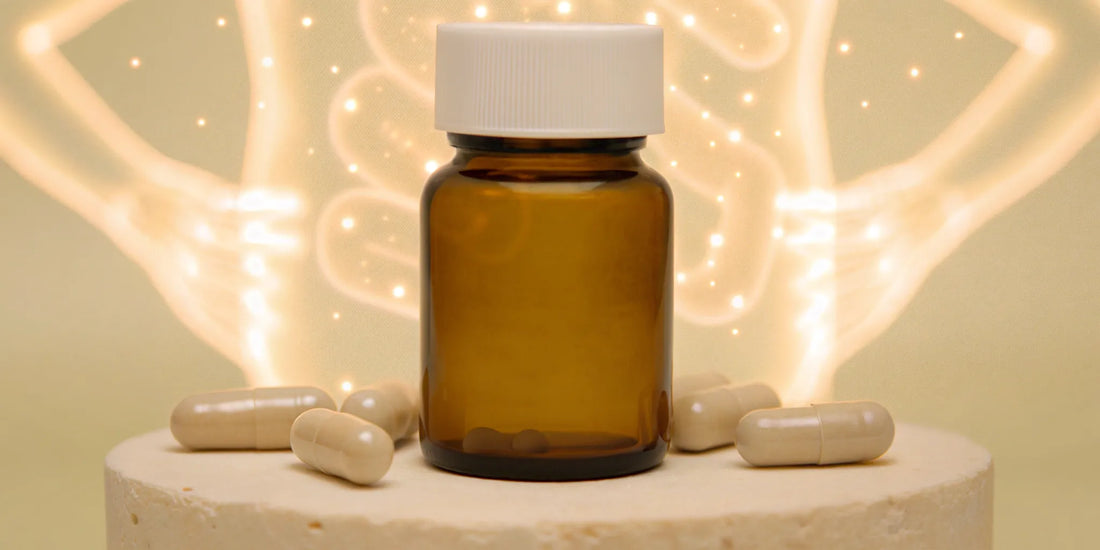 Postbiotics supplement bottle and capsules for digestive support.