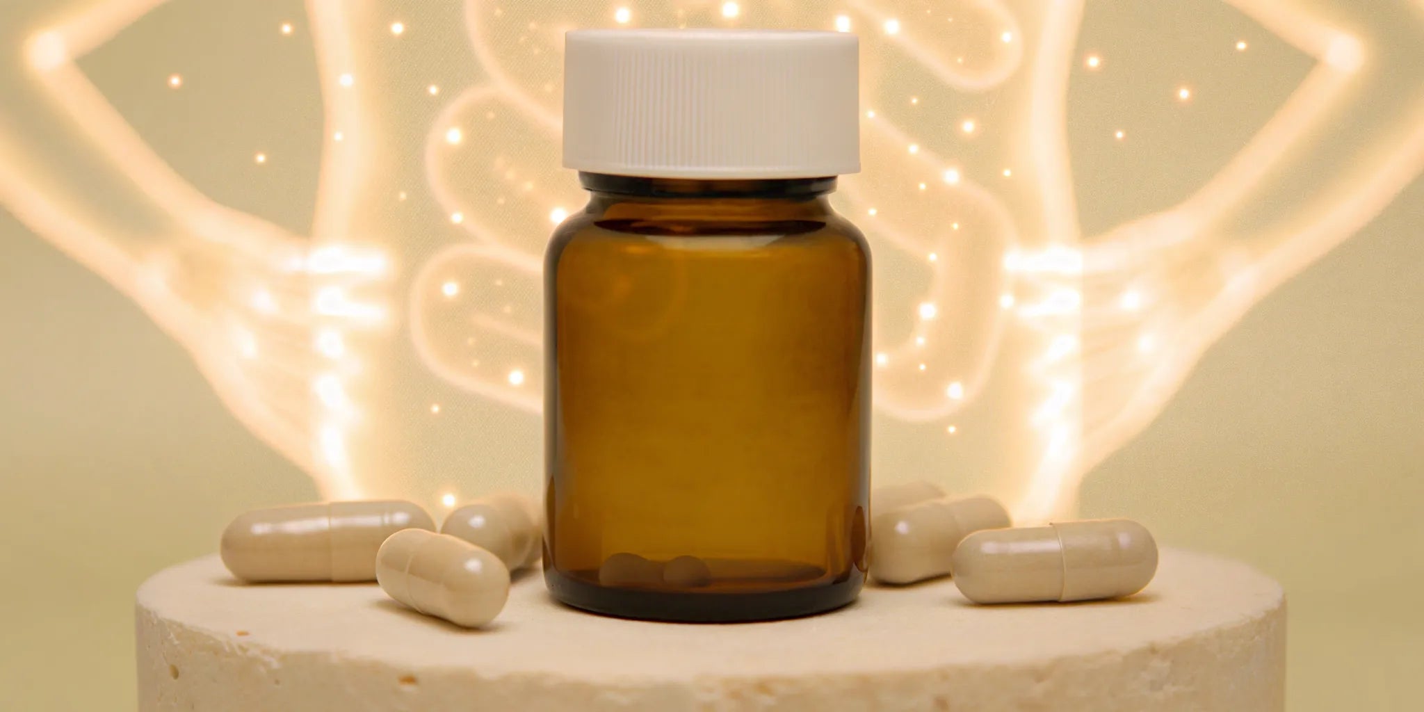 Postbiotics supplement bottle and capsules for digestive support.