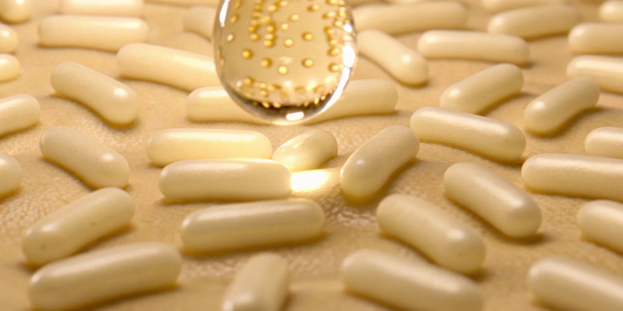 White postbiotic capsules and a golden liquid supplement for microbiome therapy and gut health.