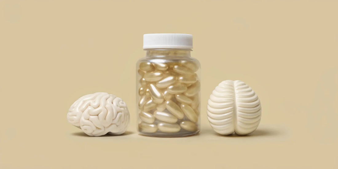 Gut brain supplement for mood balance with capsules and brain models.