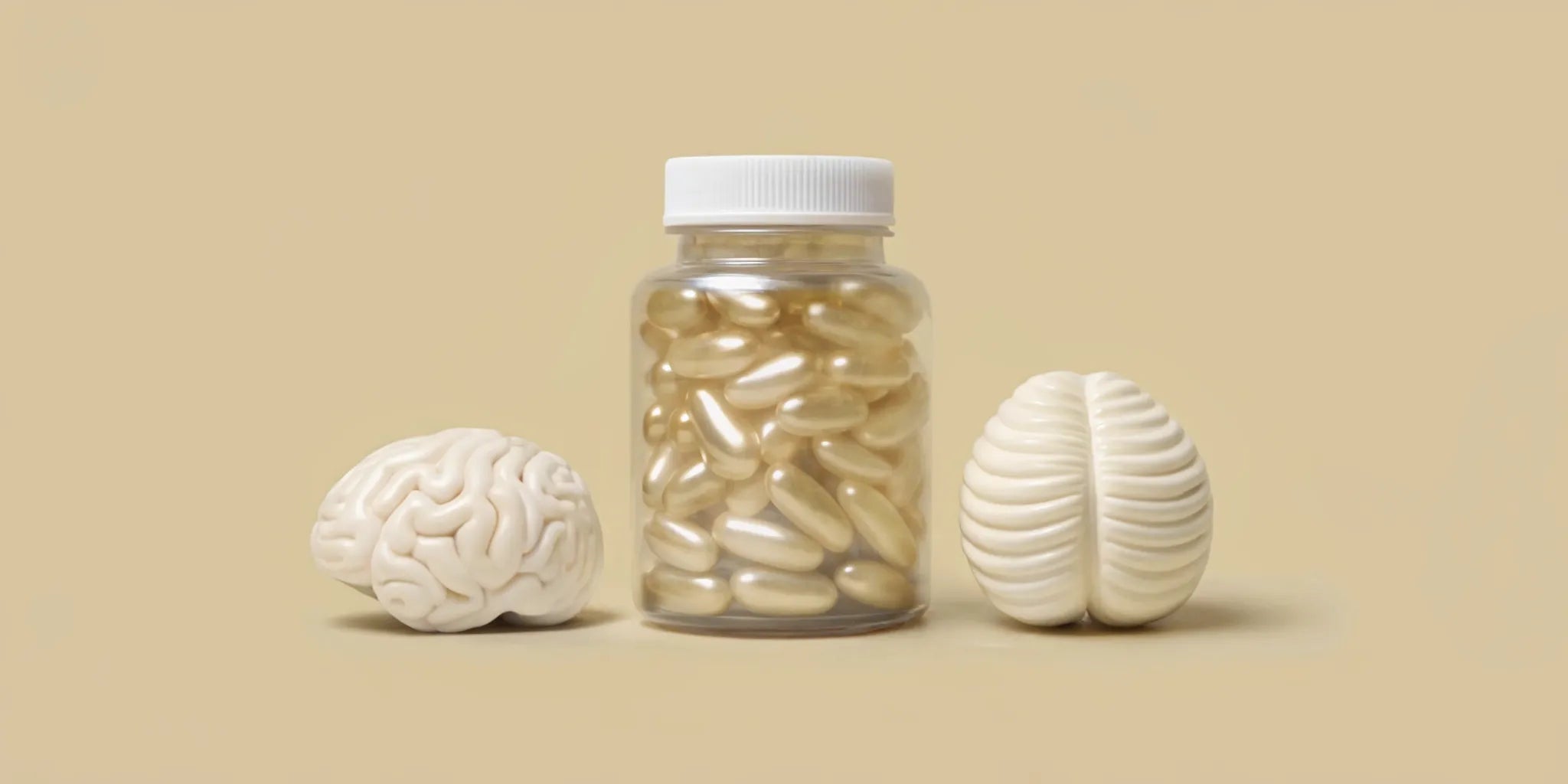 Gut brain supplement for mood balance with capsules and brain models.
