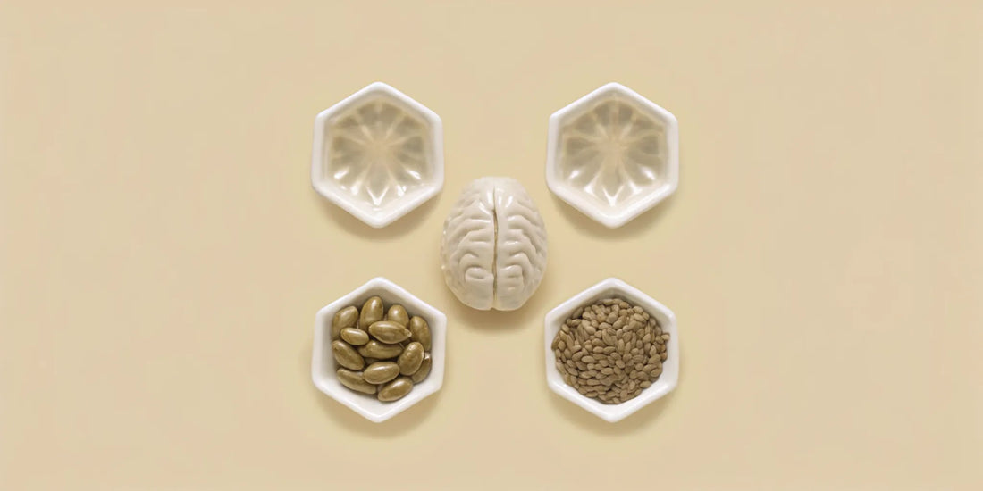 Vitamins and seeds in dishes around a brain shape, the best vitamins for brain health.