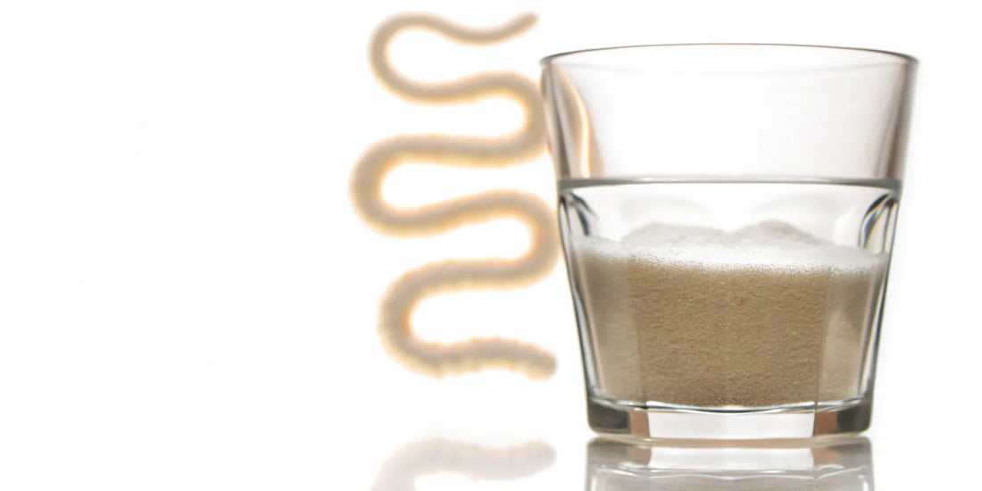 Postbiotic powder in a glass to support gut health.