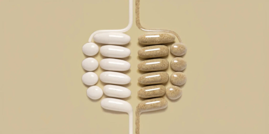 Beige postbiotic capsules shown as a better alternative to white probiotic capsules for gut health.