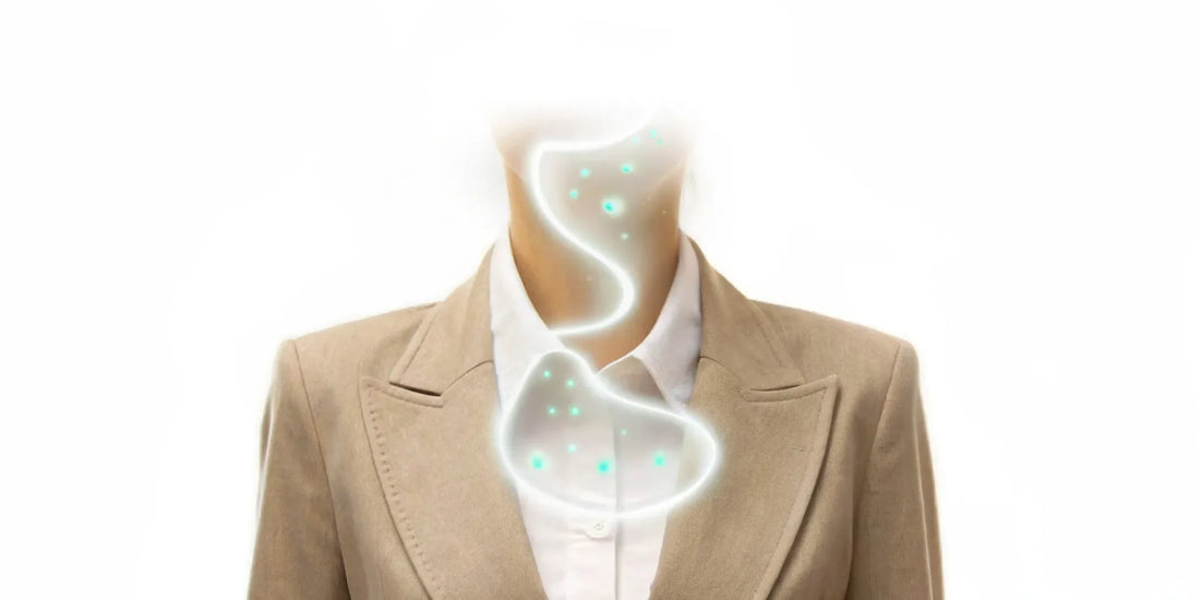 A woman's gut health affecting her mental clarity, visualized as a glowing gut-brain connection.