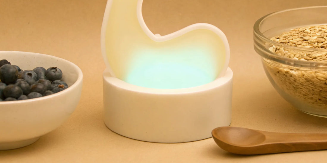 Blueberries and oats with a glowing stomach model for World Digestive Health Day.