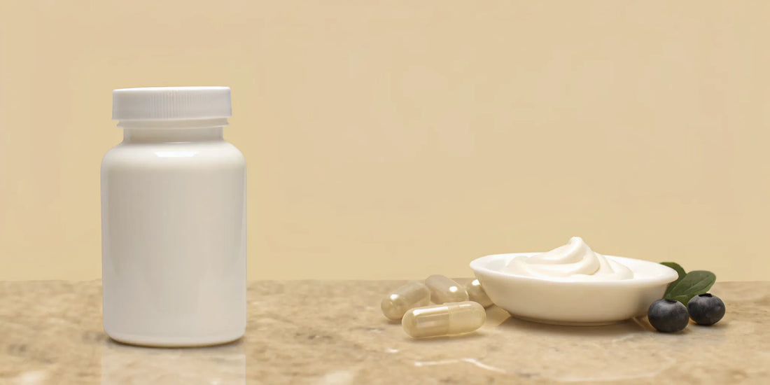Digestive probiotics supplement bottle with capsules, yogurt, and blueberries.