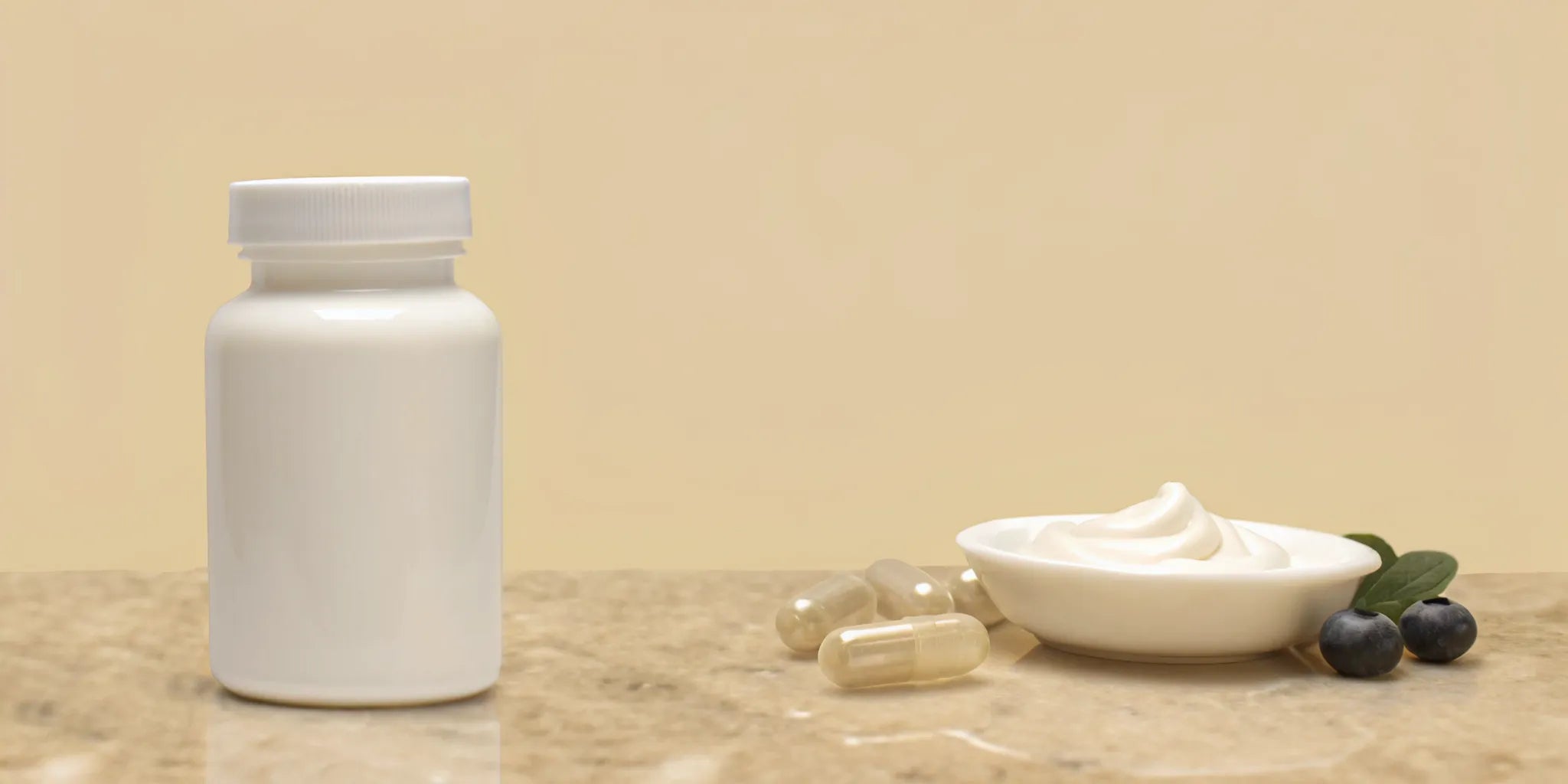 Digestive probiotics supplement bottle with capsules, yogurt, and blueberries.