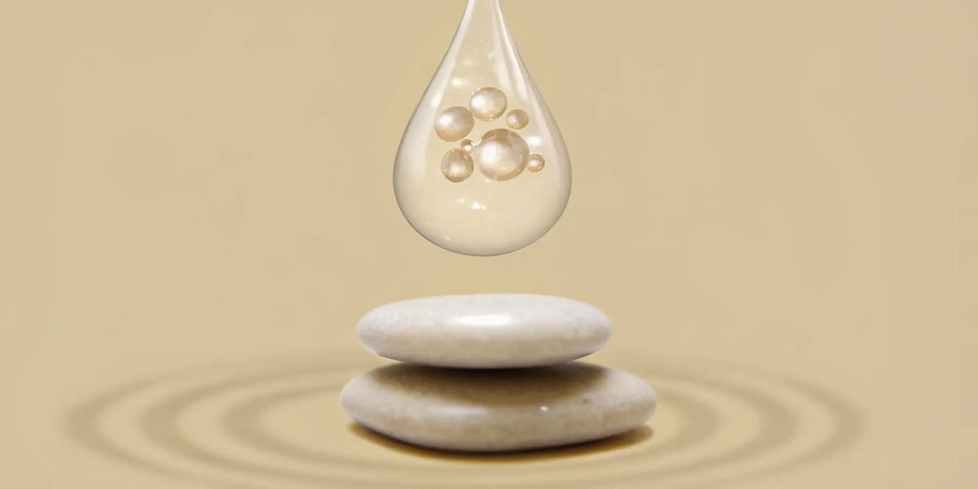 A clear drop of postbiotics over smooth stones for microbiome balance.