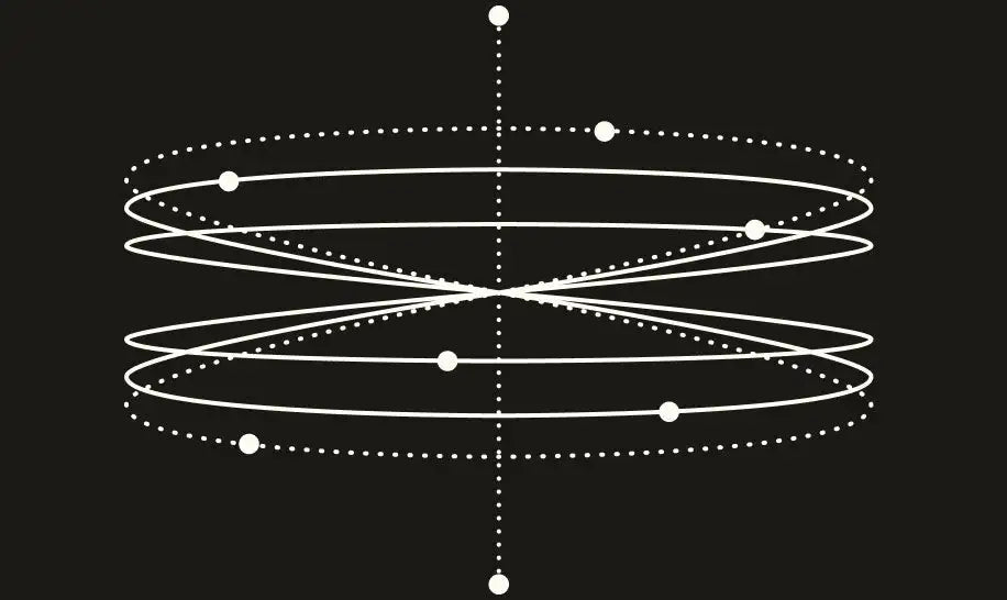 White elliptical lines and dotted curves intersect symmetrically around a vertical dotted axis on a black background, with white dots marking points along the curves and axis, resembling an abstract orbital diagram.