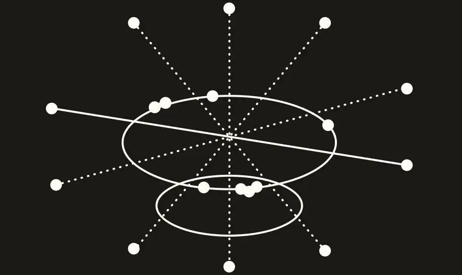 Abstract geometric diagram with two white ellipses, several solid and dotted lines radiating from the center, and small white circles at intersections, all on a black background.