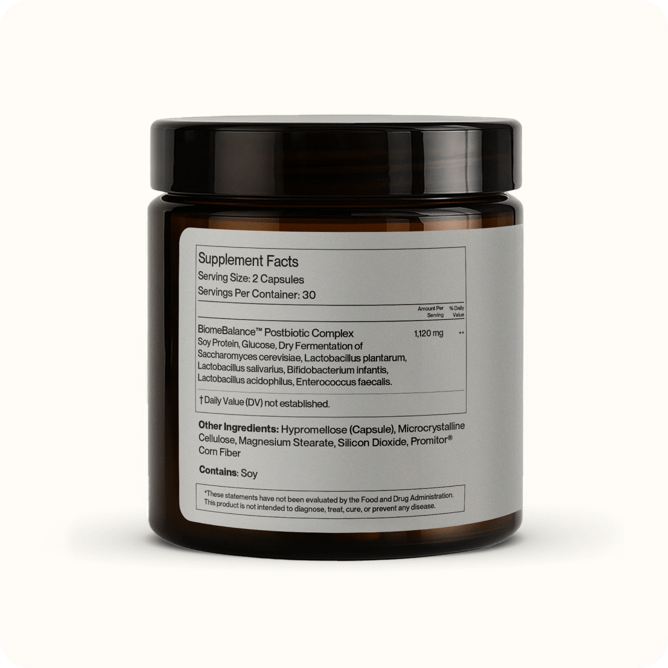 A brown Gut Balance postbiotic supplement jar with a white label listing supplement facts, digestion and bloating support ingredients, serving size, and postbiotic complex details. The jar has a dark screw-top lid.