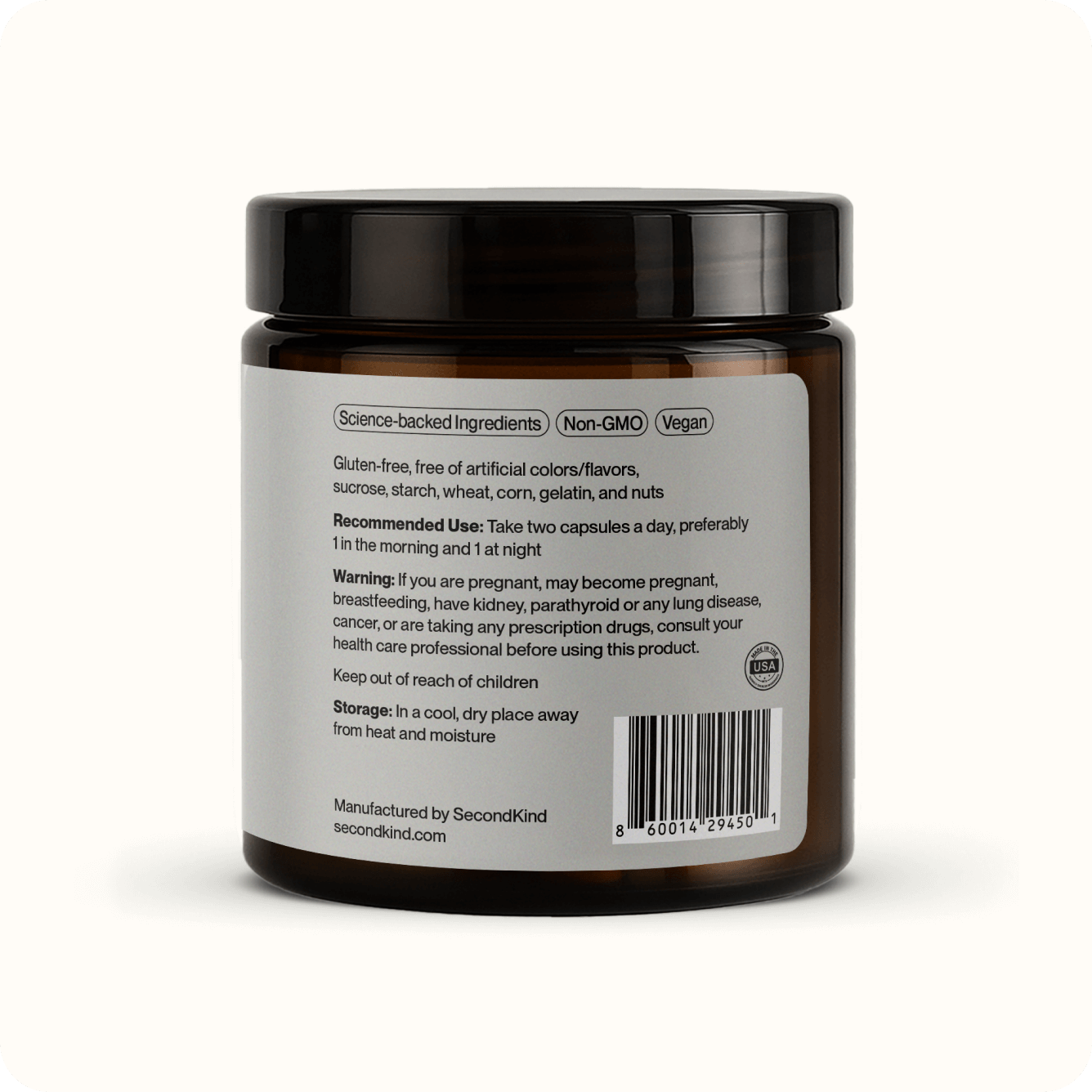 A brown jar of Gut Balance Postbiotic supplement with a white label showing ingredient details, usage instructions, warnings, storage info, and manufacturing facts to support digestion. The barcode appears on the lower right corner of the label.