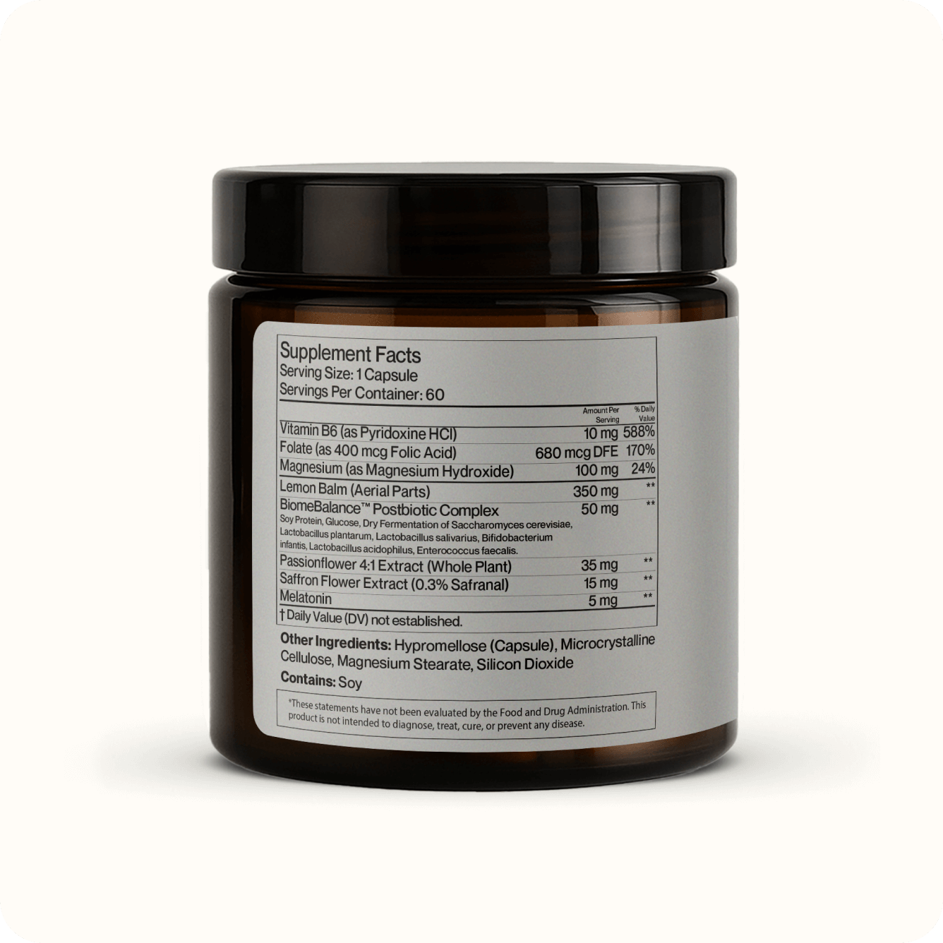 A brown jar labeled "Mood Balance" shows supplement facts, ingredients, and serving size in black text on a white label. This postbiotic supplement is set against a plain light background and supports emotional balance.