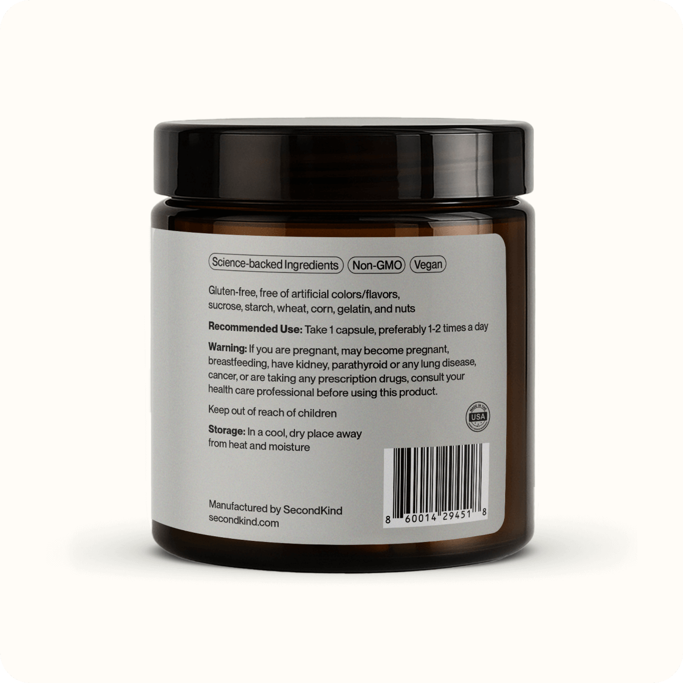 Mood Balance: a brown plastic container with a white label, ideal for storing your postbiotic supplement to support daily mood and emotional balance.