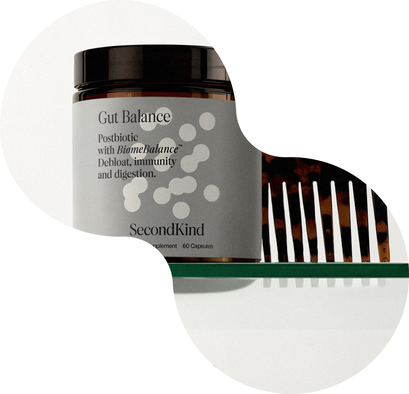 A jar labeled Gut Balance by SecondKind sits on a glass shelf, partially obscured by a wavy graphic. The jar contains 60 capsules and promotes digestion, immunity, and balance.